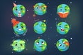Cute funny world Earth emoji showing different emotions set of colorful characters vector Illustrations