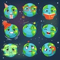 Cute funny world Earth emoji showing different emotions set of colorful characters vector Illustrations