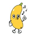 Cute funny yellow vegetable marrow walking singing character. Vector hand drawn traditional cartoon vintage, retro