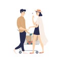 Cute funny young couple with shopping cart buying food at grocery store. Happy funny boy and girl at supermarket. Daily Royalty Free Stock Photo