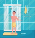 Cute funny young man came out of the shower. Hapy man taking shower in the morning. Guy standing in the bathroom. Morning routine