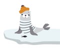 Cute Fur Seal as Arctic Animal in Knitted Hat Sitting on Glacier Vector Illustration