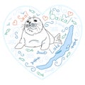 Cute fur seal, baby baikal lake nerpa on white background with doodle elements, animal extinction problem, Red List, editable