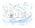 Cute fur seal, baby baikal lake nerpa on white background with doodle elements, animal extinction problem, Red List, editable