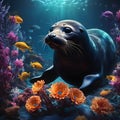 Cute fur seal with charming eyes swims through deep sea among colored fish, orange flowers and algae