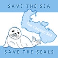 Cute fur seal, save the seals slogan, baby nerpa on caspian sea background, animal extinction problem, Red List, editable vector