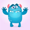 Cute furry blue monster. Vector bigfoot or troll character mascot. Design for children book, holiday decoration stickers or print