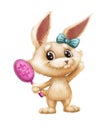 Cute Furry Bunny - Cartoon Animal Character Mascot Looking in the Hand Mirror and Smiling