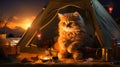 cute furry cat sit in front of a tent by the sea, when camping on weekends. and spend free time to fully relax in nature. in the