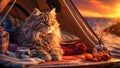 cute furry cat sit in front of a tent by the sea, when camping on weekends. and spend free time to fully relax in nature. in the