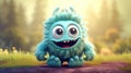 Cute Furry fluffy blue Monster, cartoon 3d, alien monster illustration, on spring background Royalty Free Stock Photo