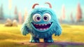 Cute Furry fluffy blue Monster, cartoon 3d, alien monster illustration, on Royalty Free Stock Photo