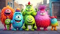 Cute Furry fluffy colorful Monsters, cartoon 3d, alien monster illustration, on