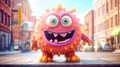 Cute Furry fluffy Pink Monster, cartoon 3d, alien monster illustration, on street background