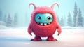 Cute Furry fluffy Red Monster, cartoon 3d, alien monster illustration, on winter