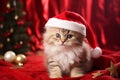 Cute furry kitten - Christmas Xmas season - Seasonal decoration - mix of white and brown fur - red background