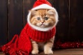 Cute furry kitten - Christmas Xmas season - Seasonal decoration - red scarf and santa hat - brown fur