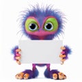 Cute furry little alien holding a blank sign Royalty Free Stock Photo