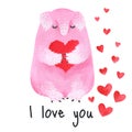 Cute furry monster holding a heart. Postcard to the Valentine`s Day. Pink animal hand-drawn acrylic