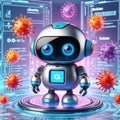 Cute Futuristic Robot Scientist Analyzing Glowing Virus Particles Against A Backdrop Of Digital Operating System Interfaces Royalty Free Stock Photo