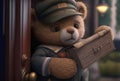 Cute fuzzy teddy bear delivering a package