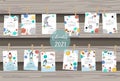 Cute galaxy calendar 2021 with astronaut, moon, rocket, planet for children, kid, baby.Can be used for printable graphic.Editable