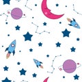 Cute galaxy seamless colorfulCute galaxy seamless colorful pattern on a white background. Moon, spaceship and planets in th