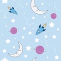 Cute galaxy seamless pattern. Moon, spaceship and planets in the sky