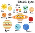 Cute galaxy, space, solar system elements. Kawaii moon, sun and planets vector illustration for kids. Isolated design elements for Royalty Free Stock Photo