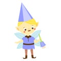 Cute garden elf boy with flower bluebell. Little pixie