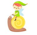 Cute garden elf boy on snail. Little pixie