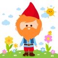 Cute garden gnome in the garden. Vector illustration