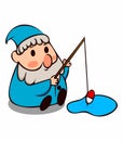 Cute garden gnome fishing with fishing rod. Vector illustration isolated on white background. Simple image for design of