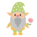 Cute garden gnome with flower. Spring dwarf. Vector illustration Royalty Free Stock Photo