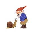 Cute garden gnome meets snail. Bearded dwarf in cap looks at forest animal. Surprised fairytale small character Royalty Free Stock Photo