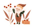 Cute garden gnome picking red berries. Happy smiling fairy tale bearded dwarf elf working in garden cartoon vector Royalty Free Stock Photo