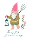 Cute garden gnome with a pitchfork and torch. Vector illustration in hand drawn style.