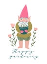 Cute garden gnome with a pot with seedlings and flowers. Vector illustration in hand drawn style with lettering `Happy gardening`.