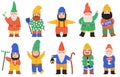 Cute garden gnomes. Dwarf characters with lantern, flowers and mushroom, fairy tale mascots. Funny garden bearded dwarfs