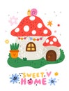 Cute garden gnomes poster. Cartoon mushroom house. Magic agaric building with window and door. Amanita roof. Sweet home Royalty Free Stock Photo