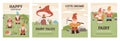 Cute garden gnomes poster collection, birthday greeting card and fairy tale banner - flat vector illustration. Royalty Free Stock Photo