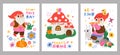 Cute garden gnomes posters. Fabulous dwarfs with tools. Scandinavian style characters play flute or watering plants