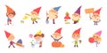 Cute garden gnomes set, small fairytale characters in funny costumes, old happy dwarfs