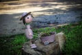 Cute garden metal statue girl with cart