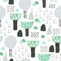 Cute garden seamless patten. Cartoon blooming trees and flowers background