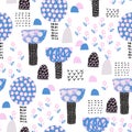 Cute garden seamless patten. Cartoon blooming trees and flowers background