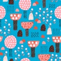 Cute garden seamless patten. Cartoon blooming trees and flowers background