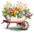 Cute Garden wheelbarrow with spring flowers Watercolor