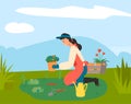 Cute girl planting flowers. Illustration of ecology and environmental protection. Spring garden work