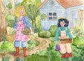 Cute gardener girls and landscape with garden, trees, flowers, garden house and path. Funny cartoon characters.